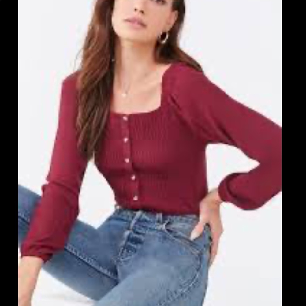 Wine Crinkled Peasant Sleeve Top